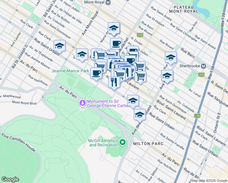 map of restaurants, bars, coffee shops, grocery stores, and more near 4056 Rue Saint-Urbain in Montréal