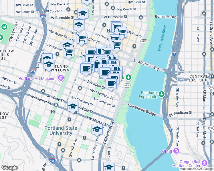 map of restaurants, bars, coffee shops, grocery stores, and more near 210 Southwest Main Street in Portland