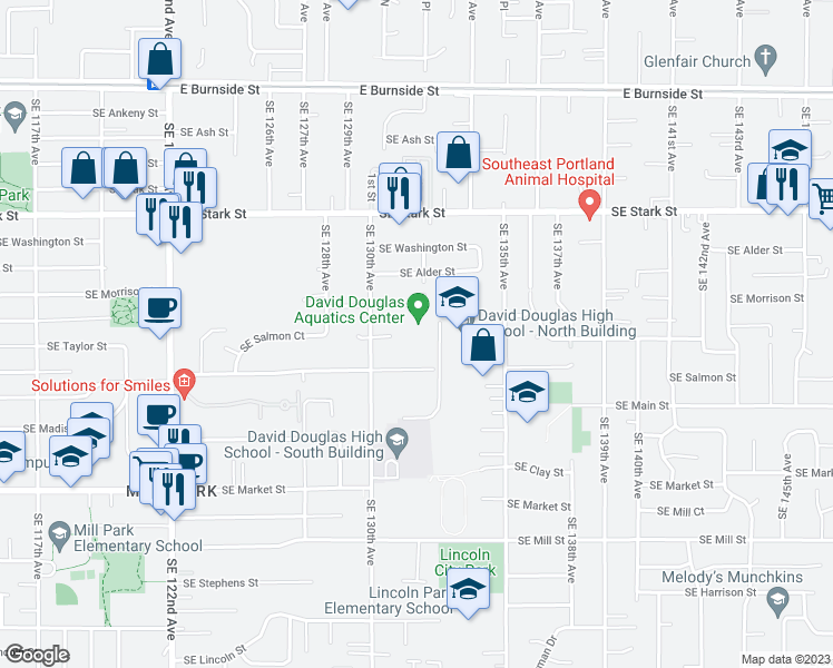 map of restaurants, bars, coffee shops, grocery stores, and more near 13030 Southeast Taylor Court in Portland