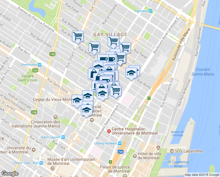 map of restaurants, bars, coffee shops, grocery stores, and more near 1281 Rue Saint-Christophe in Montréal