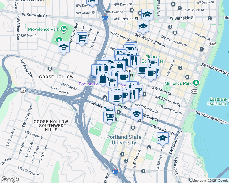 map of restaurants, bars, coffee shops, grocery stores, and more near 1030 Southwest Jefferson Street in Portland