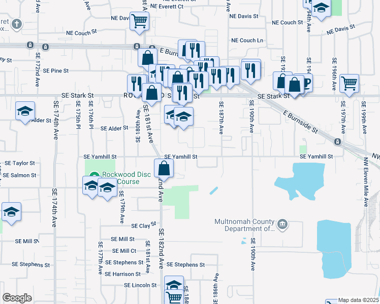 map of restaurants, bars, coffee shops, grocery stores, and more near 18427 Southeast Yamhill Street in Portland
