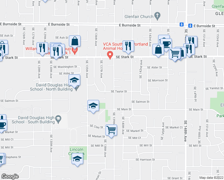 map of restaurants, bars, coffee shops, grocery stores, and more near 1001 Southeast 139th Avenue in Portland