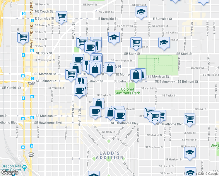 map of restaurants, bars, coffee shops, grocery stores, and more near 1611 Southeast Belmont Street in Portland