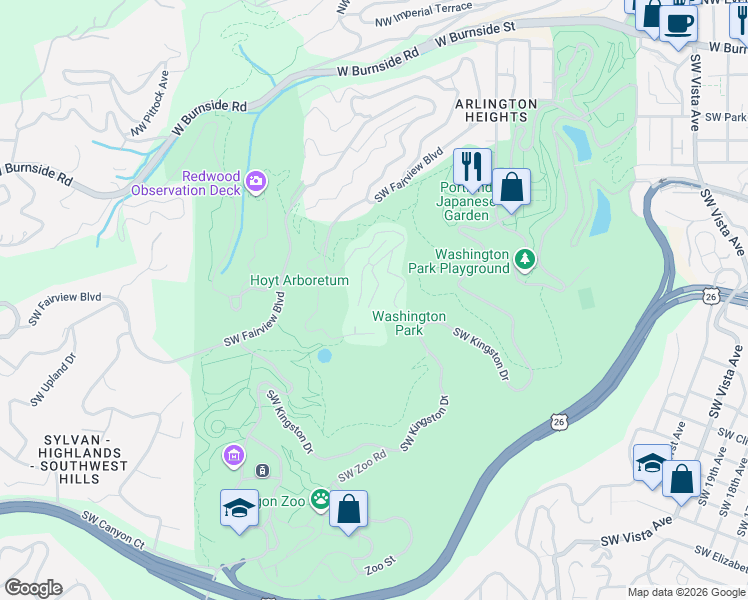 map of restaurants, bars, coffee shops, grocery stores, and more near 3260 Southwest Evergreen Terrace in Portland