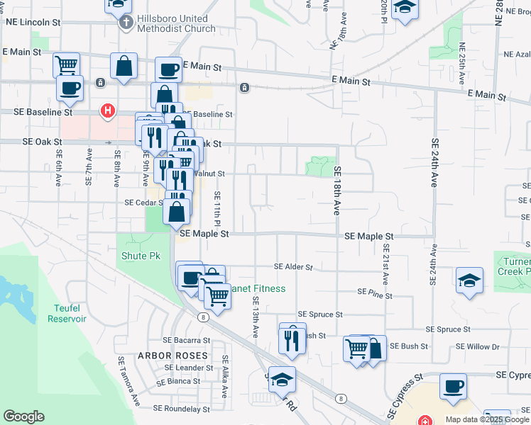 map of restaurants, bars, coffee shops, grocery stores, and more near 1338 Southeast Cedar Street in Hillsboro