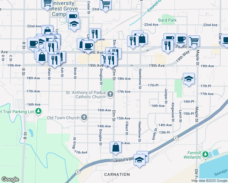 map of restaurants, bars, coffee shops, grocery stores, and more near 2499 17th Avenue in Forest Grove