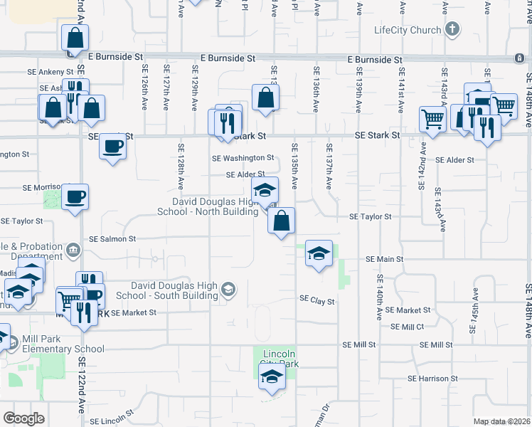 map of restaurants, bars, coffee shops, grocery stores, and more near 1001 Southeast 135th Avenue in Portland