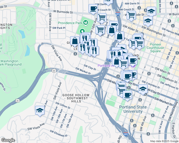 map of restaurants, bars, coffee shops, grocery stores, and more near 1541 Southwest Market Street in Portland