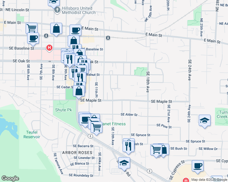 map of restaurants, bars, coffee shops, grocery stores, and more near 1338 Southeast Cedar Street in Hillsboro