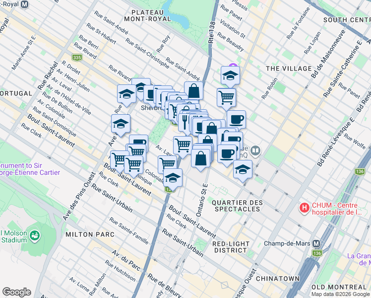 map of restaurants, bars, coffee shops, grocery stores, and more near 302 Rue Sherbrooke Est in Montréal
