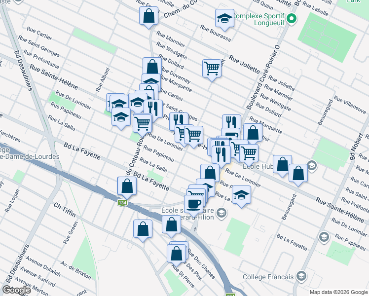 map of restaurants, bars, coffee shops, grocery stores, and more near 1179 Rue Front in Longueuil