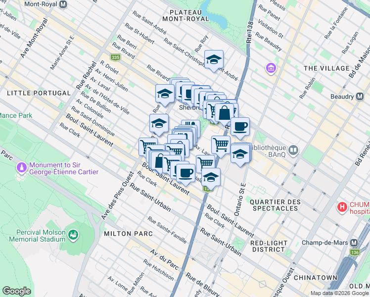 map of restaurants, bars, coffee shops, grocery stores, and more near 201 Rue Prince-Arthur Est in Montréal
