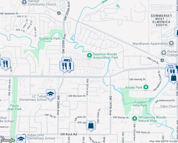 map of restaurants, bars, coffee shops, grocery stores, and more near 545 Southwest 200th Avenue in Beaverton