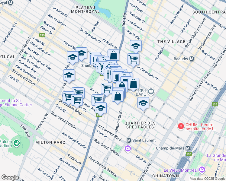 map of restaurants, bars, coffee shops, grocery stores, and more near in Montreal