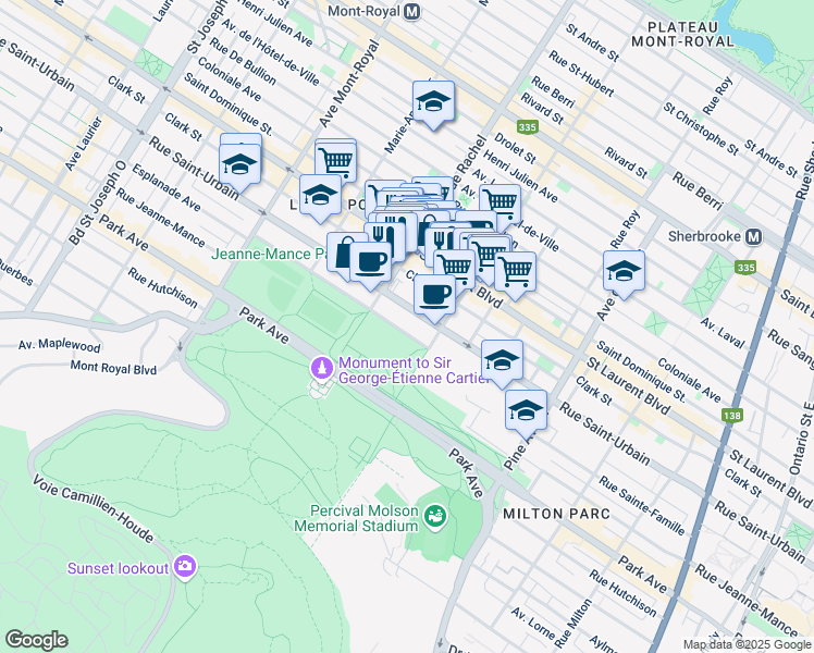 map of restaurants, bars, coffee shops, grocery stores, and more near 4115 Avenue de l'Esplanade in Montréal