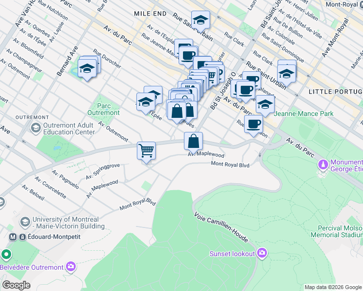 map of restaurants, bars, coffee shops, grocery stores, and more near Rue Sainte-Catherine in Montréal