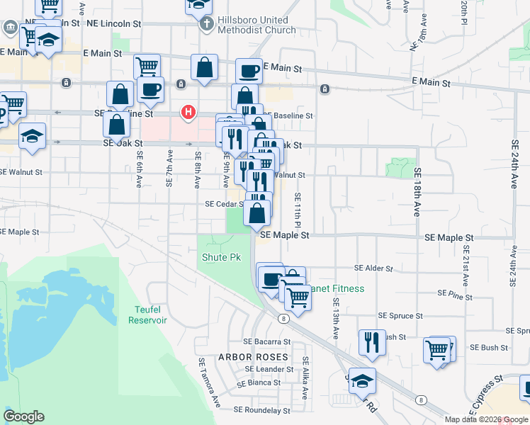 map of restaurants, bars, coffee shops, grocery stores, and more near 622 Southeast 10th Avenue in Hillsboro
