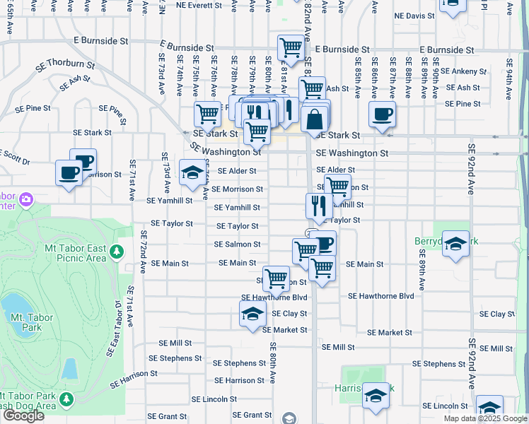 map of restaurants, bars, coffee shops, grocery stores, and more near 7940 Southeast Yamhill Street in Portland