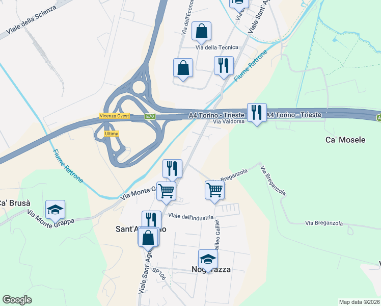 map of restaurants, bars, coffee shops, grocery stores, and more near 512 Viale Sant' Agostino in Vicenza