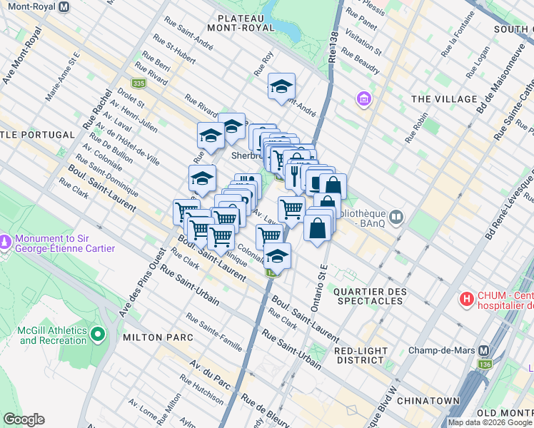 map of restaurants, bars, coffee shops, grocery stores, and more near 3463 Avenue Laval in Montréal