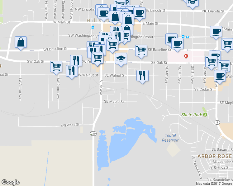 map of restaurants, bars, coffee shops, grocery stores, and more near 634 Southeast 2nd Avenue in Hillsboro