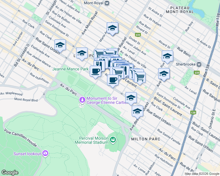 map of restaurants, bars, coffee shops, grocery stores, and more near 4082 Rue Saint-Urbain in Montréal