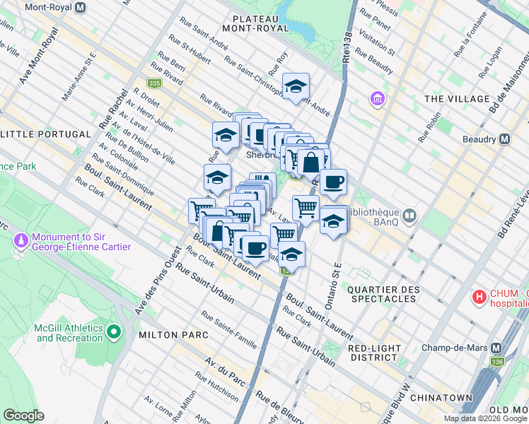 map of restaurants, bars, coffee shops, grocery stores, and more near 3500 Avenue Laval in Montréal