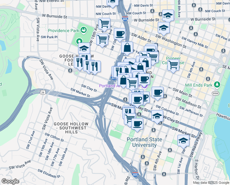 map of restaurants, bars, coffee shops, grocery stores, and more near 1430 Southwest 13th Avenue in Portland