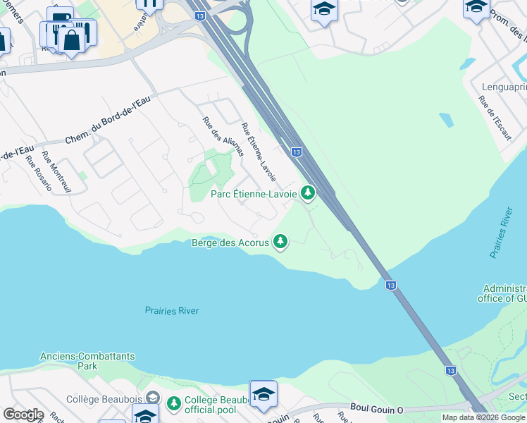 map of restaurants, bars, coffee shops, grocery stores, and more near 256 Rue des Alismas in Laval