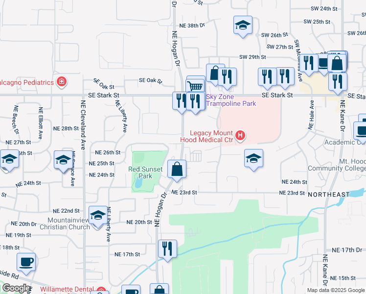 map of restaurants, bars, coffee shops, grocery stores, and more near 2658 Northeast Hogan Drive in Gresham
