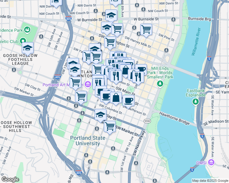 map of restaurants, bars, coffee shops, grocery stores, and more near 1100 Southwest 6th Avenue in Portland