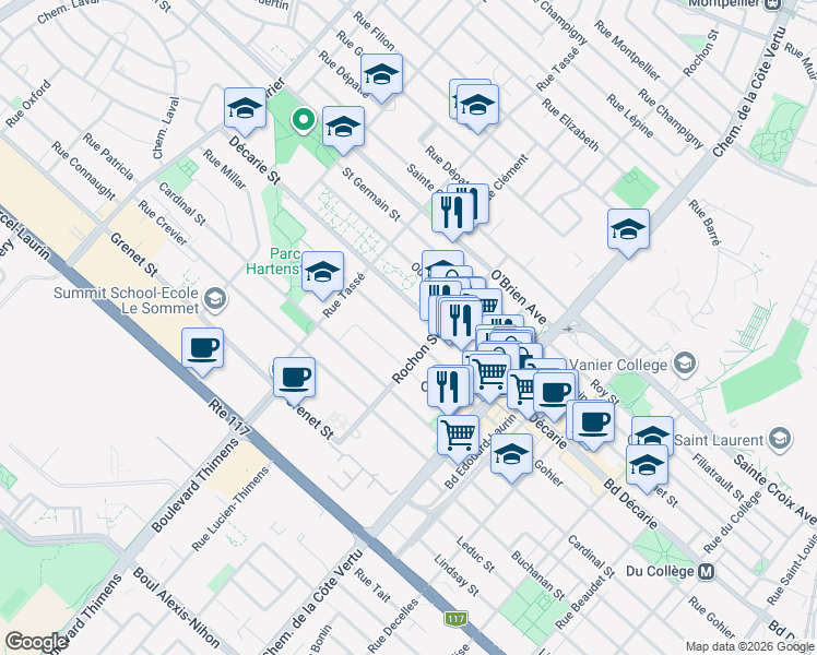 map of restaurants, bars, coffee shops, grocery stores, and more near 1255 Rue Gohier in Montréal