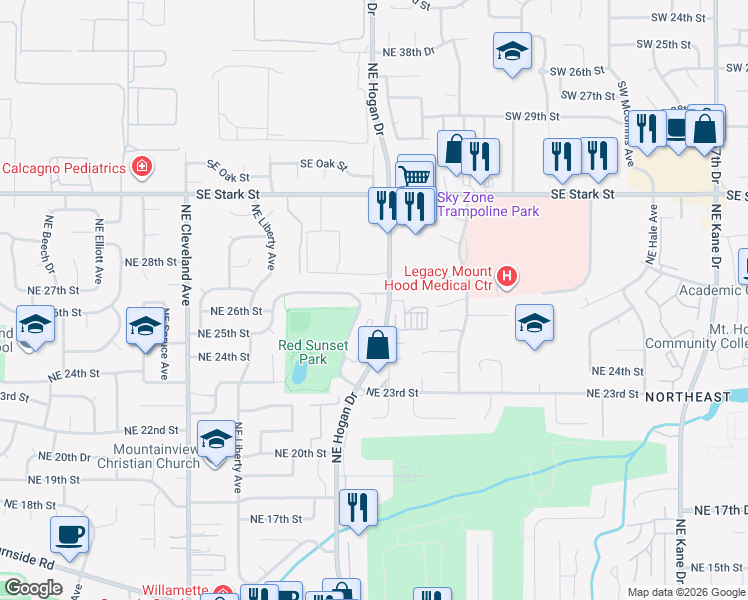 map of restaurants, bars, coffee shops, grocery stores, and more near 2628 Northeast Red Sunset Drive in Gresham