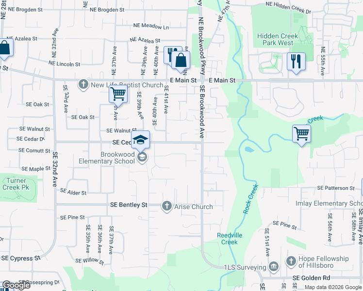 map of restaurants, bars, coffee shops, grocery stores, and more near 4264 Southeast Cedar Street in Hillsboro