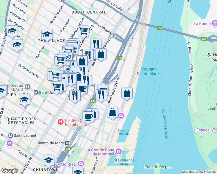 map of restaurants, bars, coffee shops, grocery stores, and more near 1210 Rue Saint Antoine Est in Montréal
