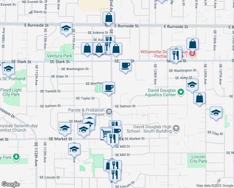map of restaurants, bars, coffee shops, grocery stores, and more near 1010 Southeast 122nd Avenue in Portland
