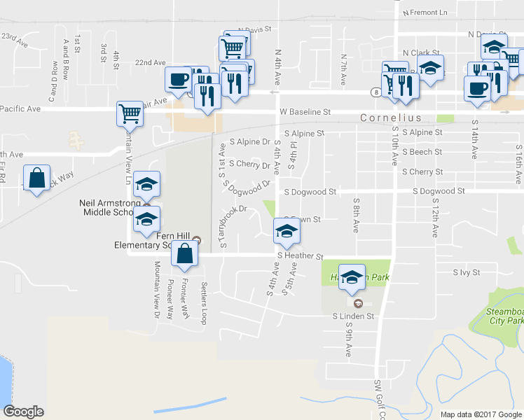 map of restaurants, bars, coffee shops, grocery stores, and more near 332 South Tarrybrook Drive in Cornelius