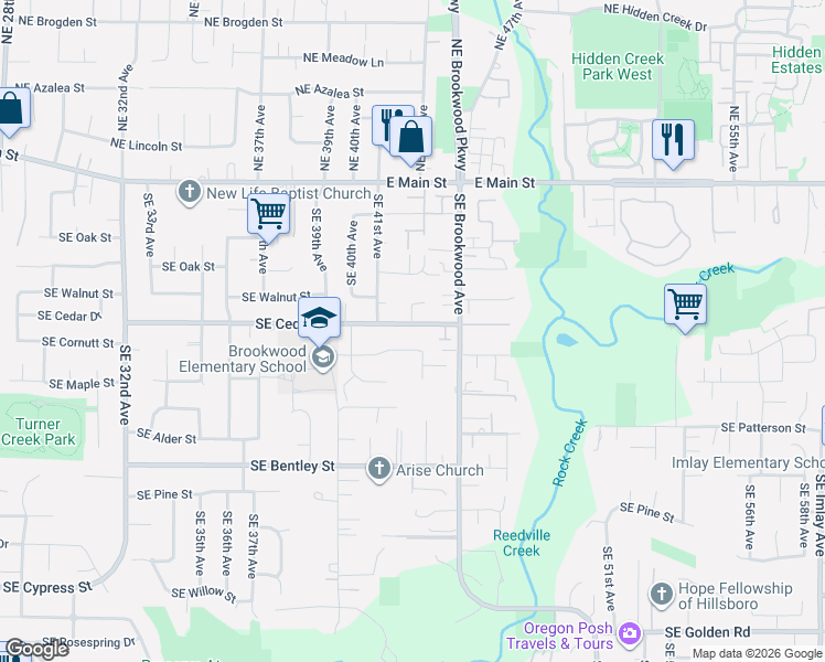 map of restaurants, bars, coffee shops, grocery stores, and more near 4264 Southeast Cedar Street in Hillsboro