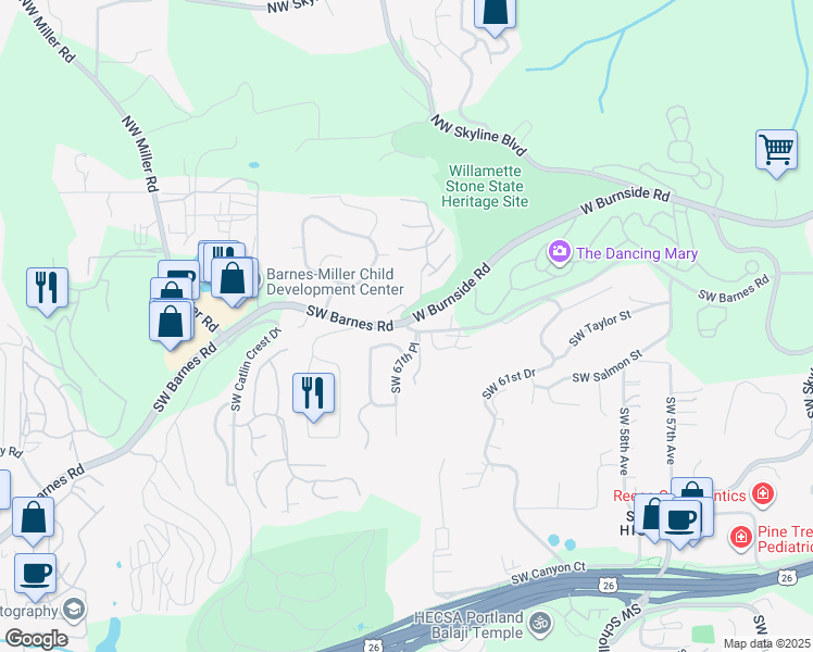 map of restaurants, bars, coffee shops, grocery stores, and more near 6675 Southwest Barnes Road in Portland