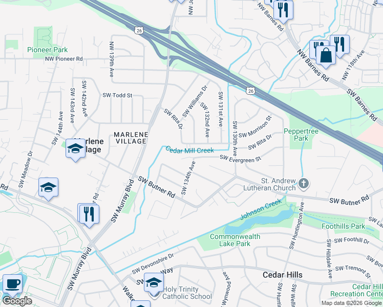 map of restaurants, bars, coffee shops, grocery stores, and more near 13415 Southwest Evergreen Street in Beaverton