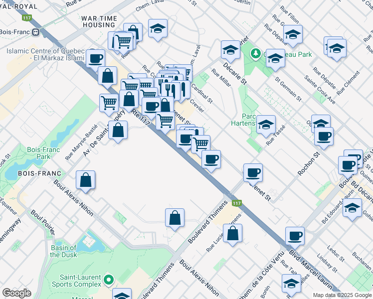 map of restaurants, bars, coffee shops, grocery stores, and more near 1555 Boulevard Marcel-Laurin in Montréal