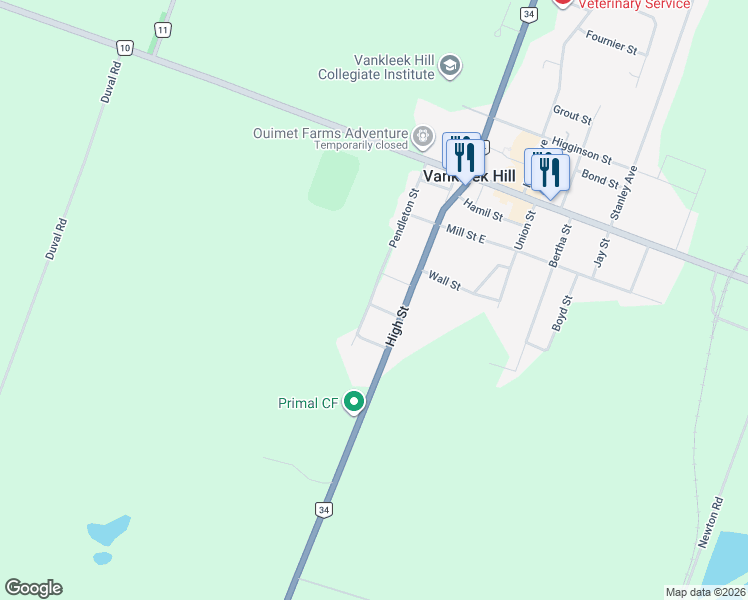 map of restaurants, bars, coffee shops, grocery stores, and more near 39 Smith Street in Vankleek Hill