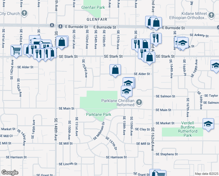 map of restaurants, bars, coffee shops, grocery stores, and more near 15540 Southeast Yamhill Street in Portland