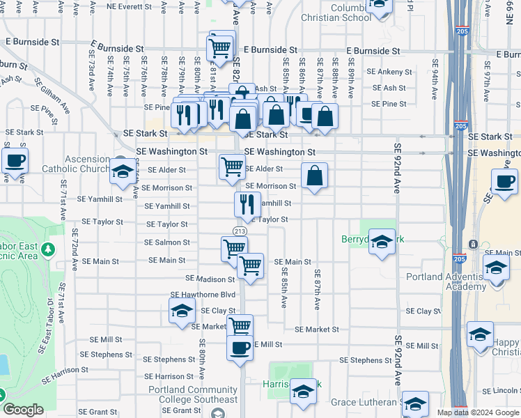 map of restaurants, bars, coffee shops, grocery stores, and more near 8404 Southeast Yamhill Street in Portland