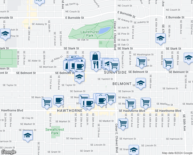 map of restaurants, bars, coffee shops, grocery stores, and more near 3631 Southeast Yamhill Street in Portland