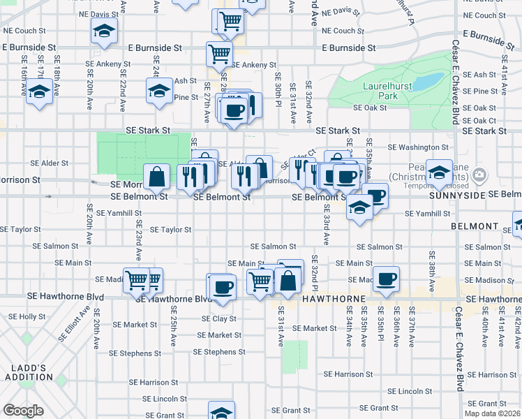 map of restaurants, bars, coffee shops, grocery stores, and more near in Portland