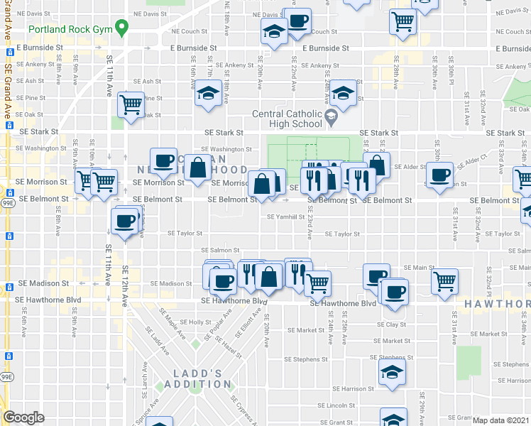 map of restaurants, bars, coffee shops, grocery stores, and more near 2045 Southeast Yamhill Street in Portland