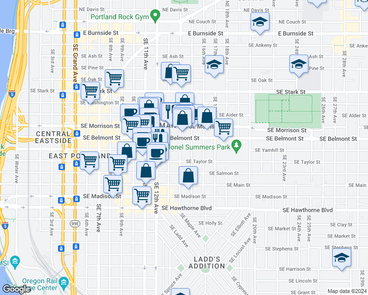 map of restaurants, bars, coffee shops, grocery stores, and more near 1325 Southeast Yamhill Street in Portland