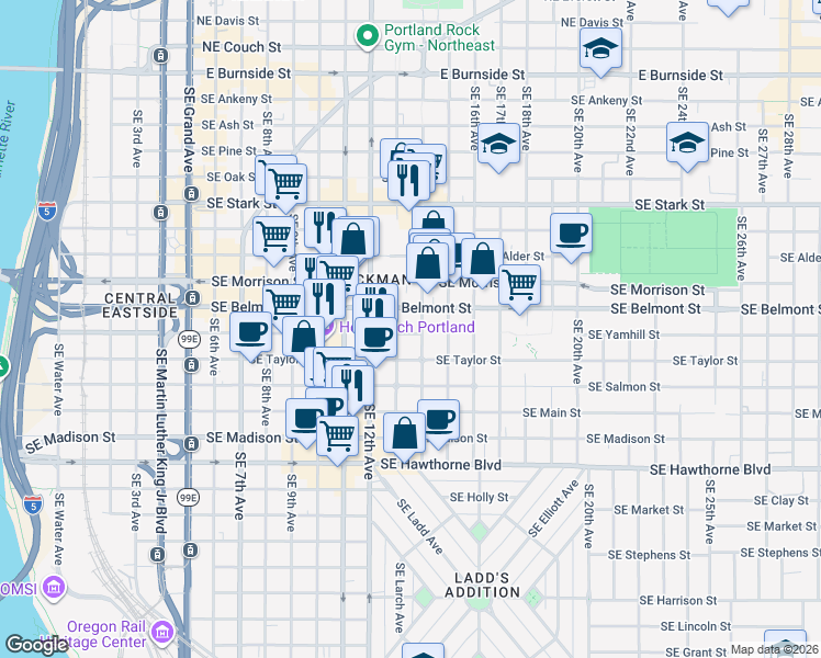 map of restaurants, bars, coffee shops, grocery stores, and more near 1325 Southeast Yamhill Street in Portland